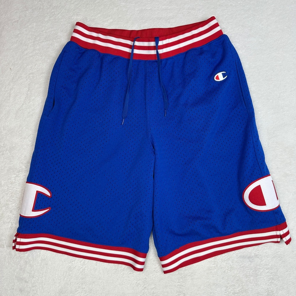 Champion‎ Mens Mesh Basketball Shorts Blue Red White Big Logo Medium Relaxed Fit